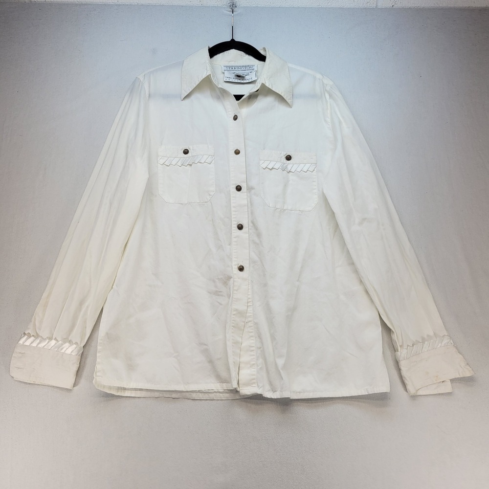 Starington Blouse Womens 12 White Vintage Quilted Ruffle Cuff Cotton Button Down